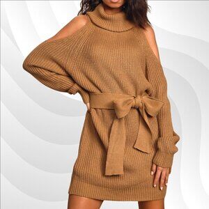 2/$30 Lulus Sweet Demeanor Camel Turtleneck Cold-Shoulder Sweater Dress Size S